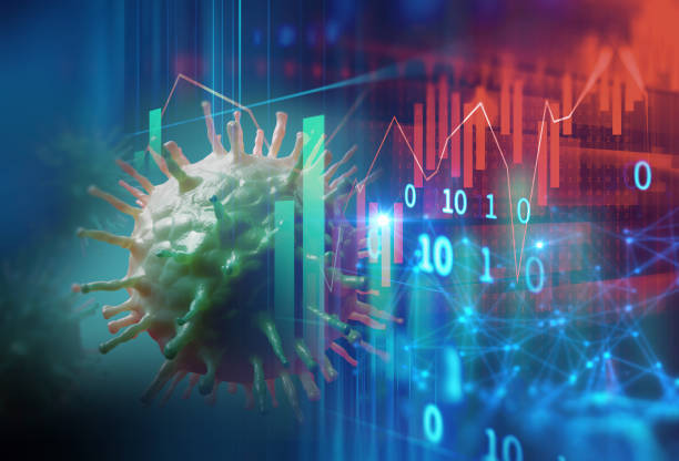 istock Down trend financial graph on nCov corona virus microscope image ,3d illustration 1211471066