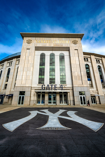 This is the exterior of the Yankee Stadium, a famous baseball stadium in the Bronx on October 11, 2019 in New York