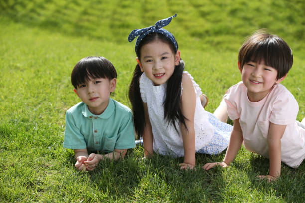 istock The happy child lay on the grass 1211472816