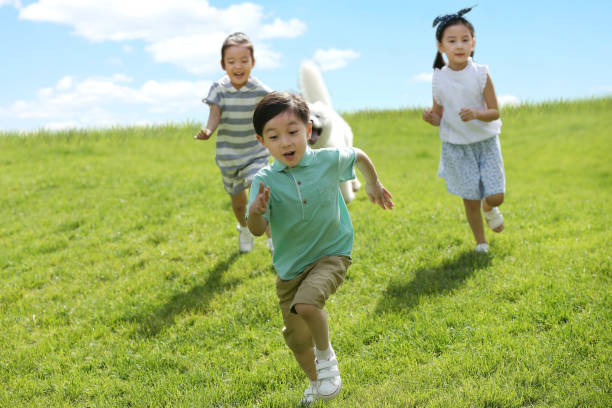 istock Happy children play on the grass 1211472828