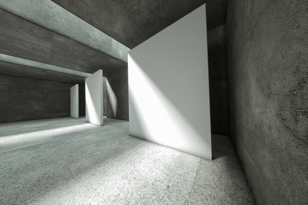 istock 3D rendering empty concrete room, pedestal for display, stand gallery light spot. mockup, layout. 1211477783