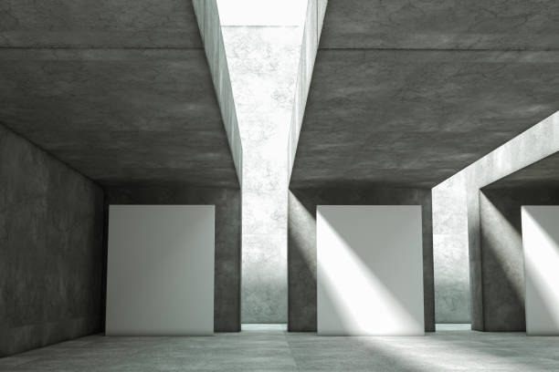 istock 3D rendering empty concrete room, pedestal for display, stand gallery light spot. mockup, layout. 1211477785