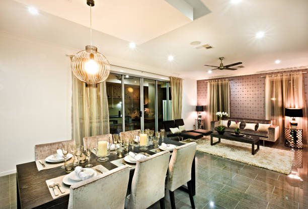 Modern designed living-dining room interior. (3d render)