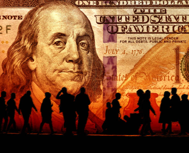 prosperity concept of crowd of people and money Conceptual image of silhouetted crowd of people and American One Hundred Dollar Bill prosperity stock pictures, royalty-free photos & images