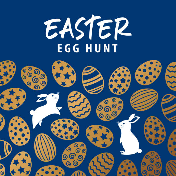 Easter Egg Hunt With Bunnies Join the Easter Egg Hunt Party with symbol of bunnies and gold colored eggs pattern on blue background Fleuron stock illustrations