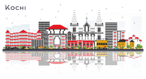 illustrations, cliparts, dessins animés et icônes de horizon de ville de kochi india avec des bâtiments de couleur et des réflexions isolées sur le blanc. - poule naine