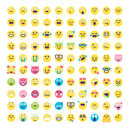Vector illustration of a collection of 100 cute and colorful emoticons in flat design style. Cut out design elements for social media platforms, online messaging, Internet and technology, human emotions, connections and global communications, Internet dating, coworking and teamwork, brainstorming, news, blogs, e-mails and presentations.