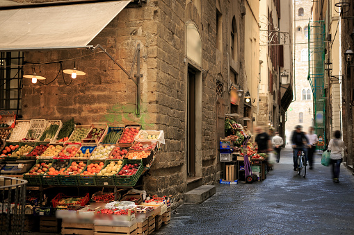 Street in Florence, Italy with small farmers market