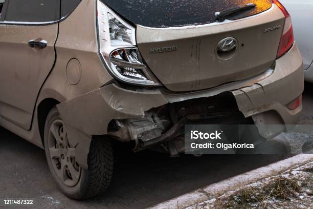 Hyundai Solaris Passenger Car After A Crash Accident A Broken Bumper And A  Crumpled Car Body Closeup Trunk Stock Photo - Download Image Now