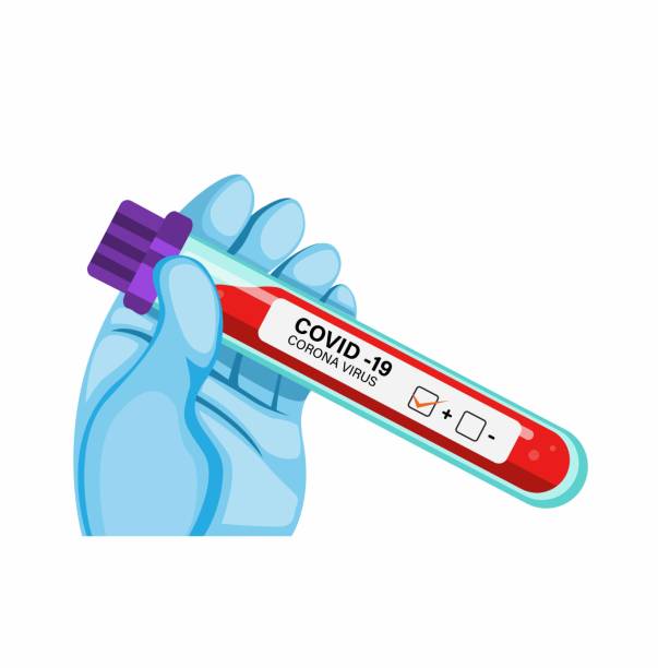 hand wear glove holding blood test tube with covid - 19 code for corona virus in cartoon flat illustration vector isolated in white background hand wear glove holding blood test tube with covid - 19 code for corona virus in cartoon flat illustration vector isolated in white background blood testing stock illustrations