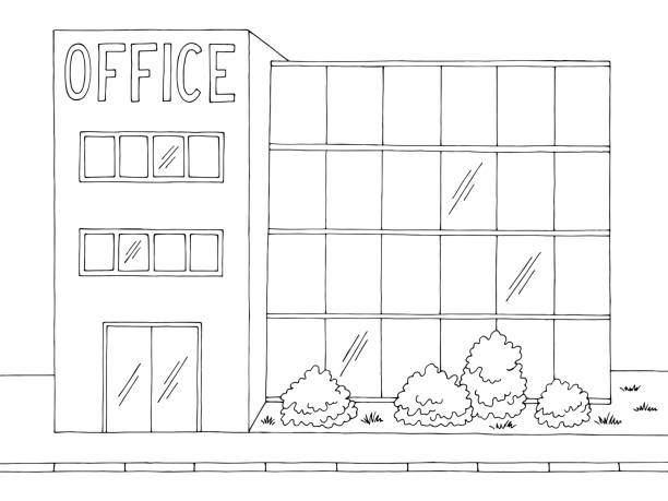 ilustraciones, imágenes clip art, dibujos animados e iconos de stock de edificio de oficina exterior vista frontal gráfico blanco blanco sketch ilustración vectorial - office sidewalk office building built structure