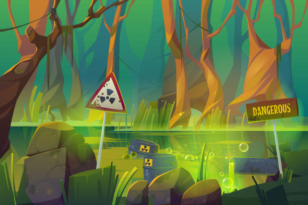 Dirty swamp polluted by wastewater and garbage Stench dirty swamp with wastewater pipe, toxic waste barrels and warning signs. Vector cartoon illustration of environment pollution, global ecology problem. Forest and marsh with garbage lake grunge stock illustrations