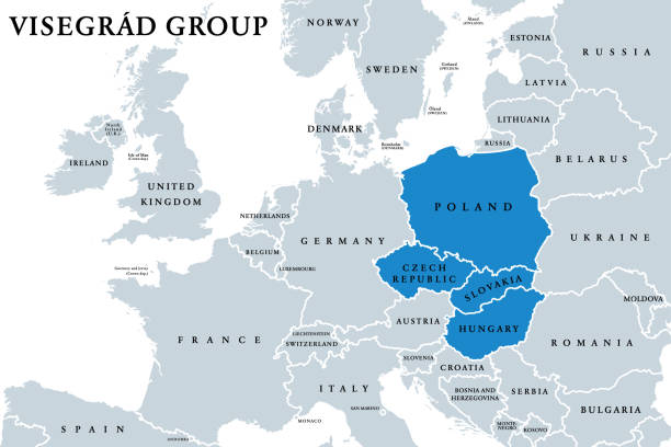 Visegrád Group, Visegrád Four, V4 member states political map Visegrád Group member states political map. Visegrád Four, V4. Cultural and political alliance of Central European countries Czech Republic, Hungary, Poland and Slovakia. English. Illustration. Vector slovak language stock illustrations