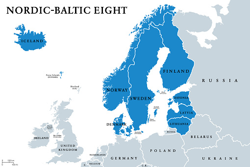 Nordic-Baltic Eight (NB8) member states political map. Regional co-operation format of Denmark, Estonia, Finland, Iceland, Latvia, Lithuania, Norway and Sweden. English labeling. Illustration. Vector.
