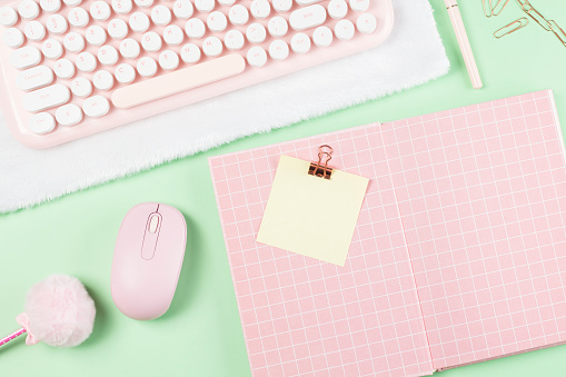 flat lay stationery on work desk in green pastel background