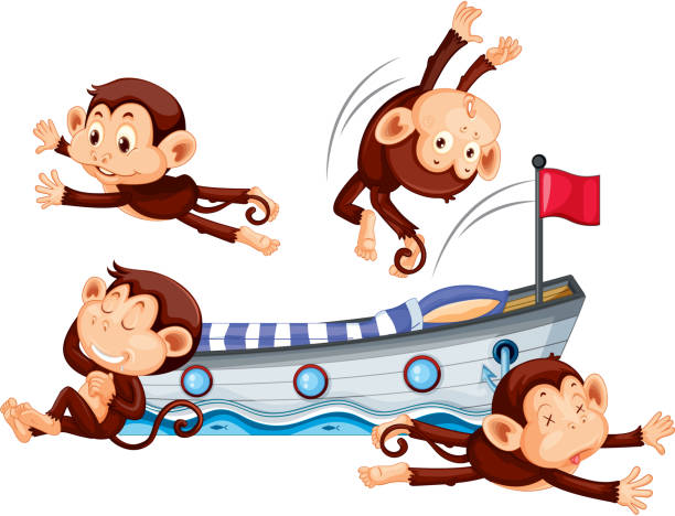 Four monkeys playing on the bed Four monkeys playing on the bed illustration ape illustrations stock illustrations