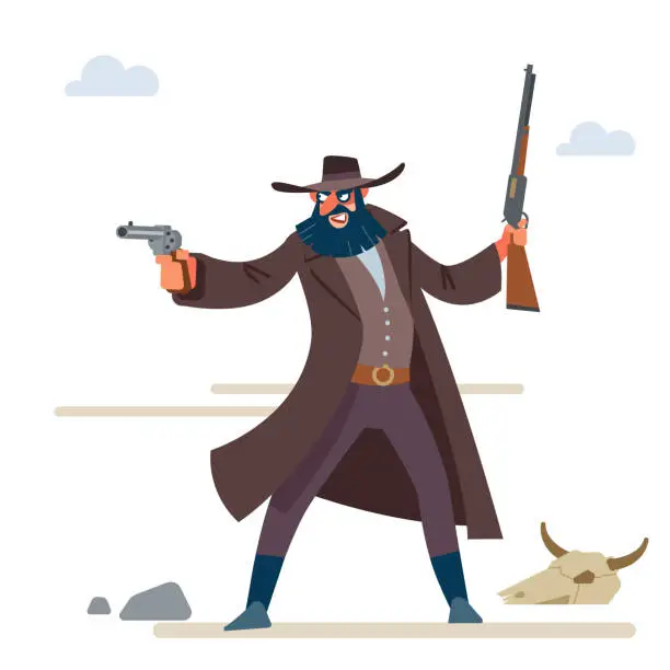 Vector illustration of The character is a cruel bandit with a dark beard in a long raincoat, with a revolver and a rifle. Cartoon vector illustration. Flat style. Isolated on white background