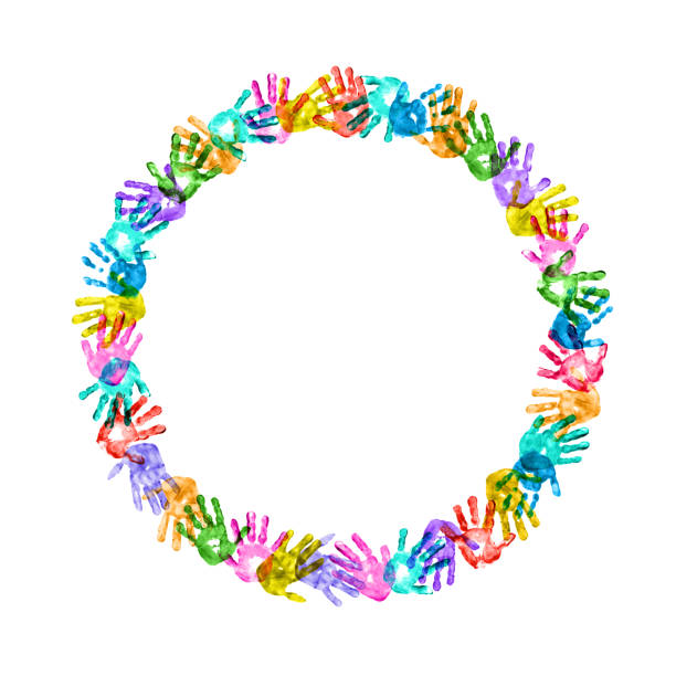 istock Colorful Children Handprints Forming a Circle on White Background 1211497115