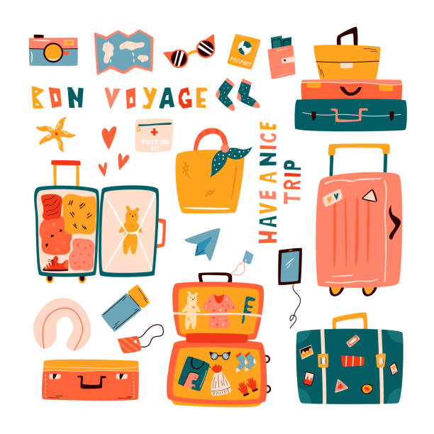 ilustraciones, imágenes clip art, dibujos animados e iconos de stock de gran conjunto de maletas de garabatos, maletas de equipaje, maletas. cosas de vacaciones de viaje. ilustración vectorial en un estilo plano - flying vacations doodle symbol