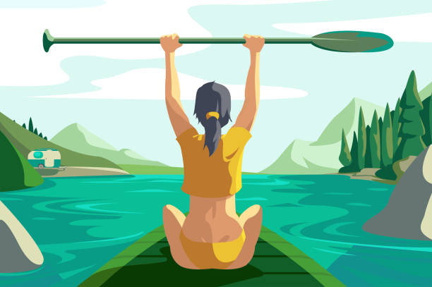 Cute woman on lake Cute woman on lake vector illustration. Girl sitting on sup board and holding paddle in hand flat style concept. Picturesque summer landscape. Extreme water sports concept river swimming women water stock illustrations