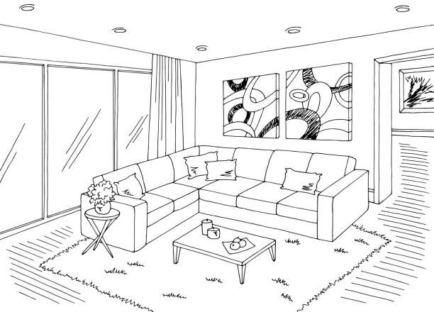 istock Living room graphic black white home interior sketch illustration vector 1211500225