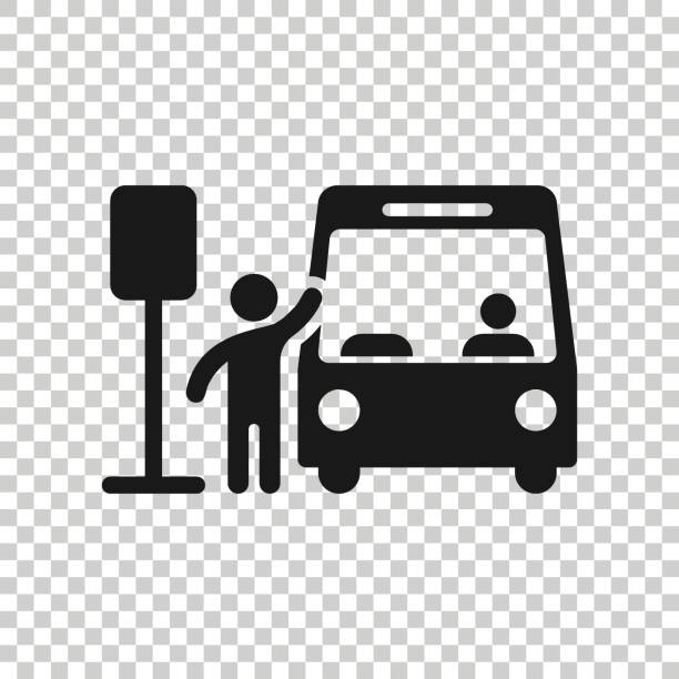 illustrations, cliparts, dessins animés et icônes de icône de gare de bus dans le modèle plat. illustration de vecteur d’arrêt automatique sur le fond isolé blanc. concept d’entreprise de véhicule d’autobus. - car traffic road road sign