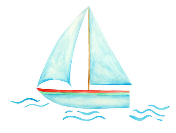 istock Hand-drawn blue watercolor sailboat on the waves isolated on white background for your design. 1211500657