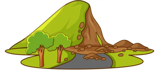 Vector illustration of Scene with mudslide down the mountain