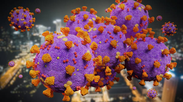 coronavirus outbreak, the health threatening covid-19 virus - able to cause illness from common flu to more serious diseases in urban environment - microscope view imagens e fotografias de stock