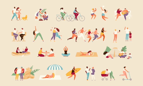 ilustrações de stock, clip art, desenhos animados e ícones de people summer activity vector - walking exercising relaxation exercise group of people