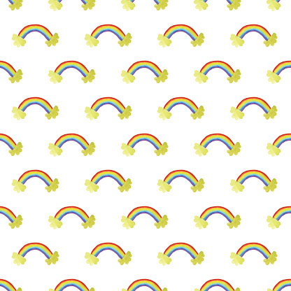 Rainbow seamless pattern. Rainbow with shamrocks at the ends. Children illustration. Hand-drawn watercolor painting. Background for traditional and children design, wallpaper, wrapping paper, textile