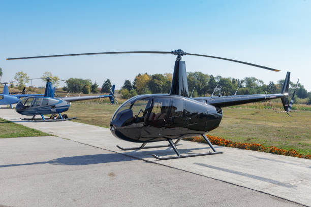 istock Black helicopter grounded next to others on helipad 1211504225