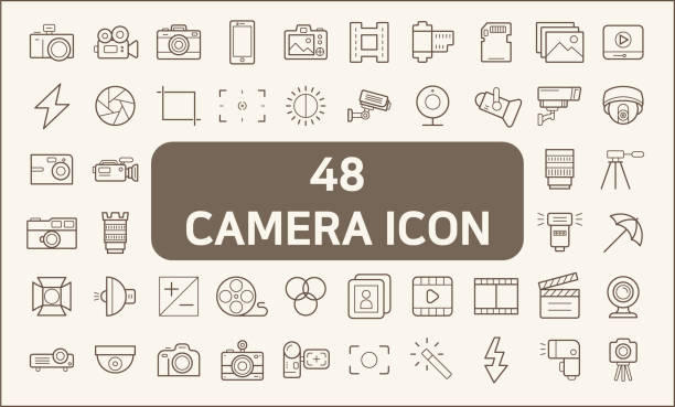 satz von 48 kamera und fotografie-ikonen linienstil. - camcorder fotos stock-grafiken, -clipart, -cartoons und -symbole