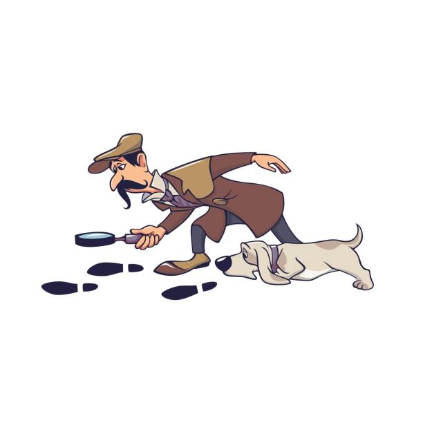 Mature male detective with dog following on track isolated on white Mature male detective with dog following on track isolated on white. Man cartoon character looking on trace using magnifying glass doggy hunting by footprints vector graphic illustration cartoon of a searching stock illustrations