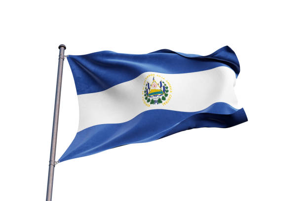 bandera de el salvador ondeando sobre fondo blanco, de cerca, aislado - ilustración 3d - salvadoran flag fotografías e imágenes de stock