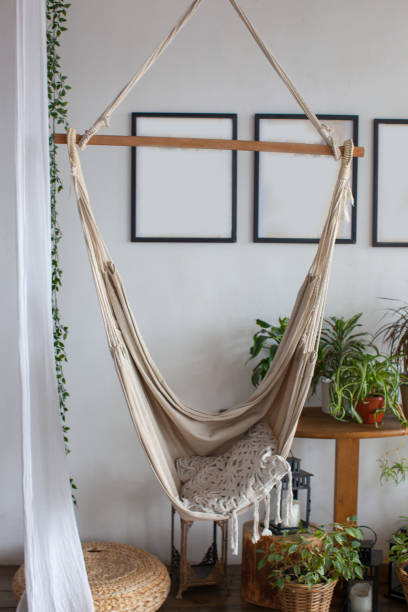 istock Hammock in interior, living room with plants. 1211513384