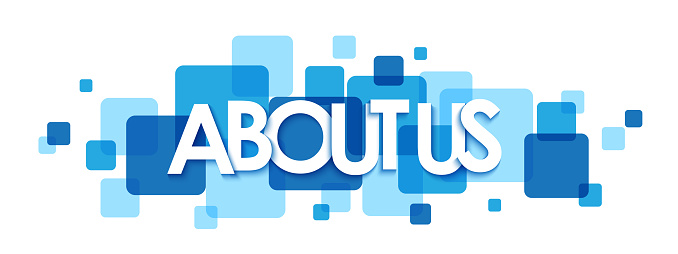 ABOUT US vector typography banner on blue squares