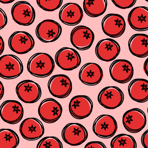 istock Vector seamless summer pattern with red berries. Tasty berries drawn in line art and colored in misprint style 1211513779