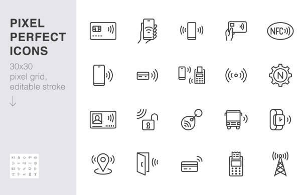 nfc-liniensymbol gesetzt. near field communication technologie, kontaktloses bezahlen, karte mit chip minimal vektor-illustration. einfache umrisse für smartphone-bezahl. 30x30 pixel perfekt. bearbeitbare striche - digital wallet stock-grafiken, -clipart, -cartoons und -symbole