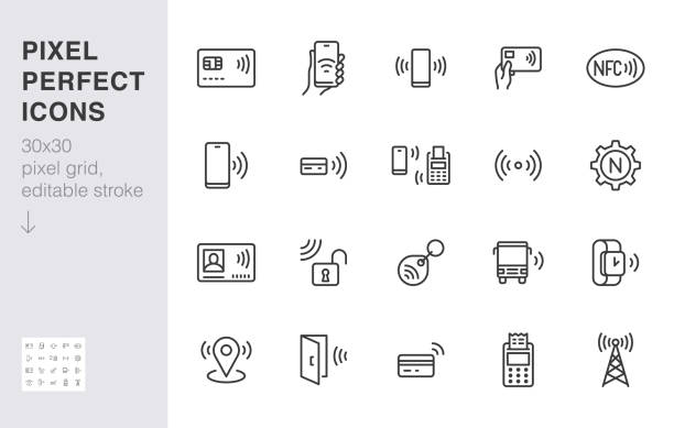 NFC line icon set. Near Field Communication technology, contactless payment, card with chip minimal vector illustration. Simple outline signs for smartphone pay. 30x30 Pixel Perfect. Editable Strokes NFC line icon set. Near Field Communication technology, contactless payment, card with chip minimal vector illustration. Simple outline signs for smartphone pay. 30x30 Pixel Perfect. Editable Strokes. wallet illustrations stock illustrations