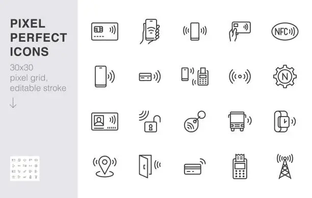 Vector illustration of NFC line icon set. Near Field Communication technology, contactless payment, card with chip minimal vector illustration. Simple outline signs for smartphone pay. 30x30 Pixel Perfect. Editable Strokes