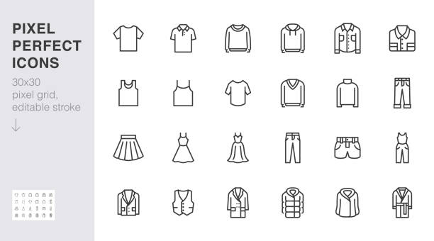 의류 라인 아이콘 세트입니다. 드레스, 폴로 티셔츠, 청바지, 겨울 코트, 재킷 바지, 스커트 최소 벡터 일러스트레이션. 패션 응용 프로그램에 대한 간단한 개요 기호. 30x30 픽셀 완벽한. 편집 가� - garment stock illustrations