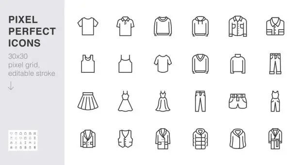 Vector illustration of Clothing line icon set. Dress, polo t-shirt, jeans, winter coat, jacket pants, skirt minimal vector illustrations. Simple outline signs for fashion application. 30x30 Pixel Perfect. Editable Strokes