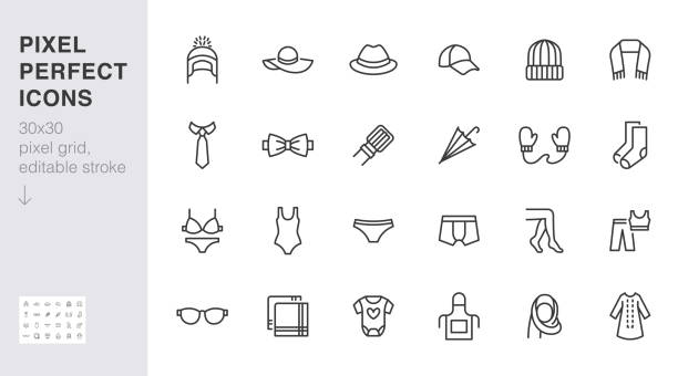 Clothing accessory line icon set. Bow tie, handkerchief, woman hat, sunglasses, umbrella, hijab minimal vector illustrations. Simple outline signs for fashion app. 30x30 Pixel Perfect Editable Stroke Clothing accessory line icon set. Bow tie, handkerchief, woman hat, sunglasses, umbrella, hijab minimal vector illustrations. Simple outline signs for fashion app. 30x30 Pixel Perfect. Editable Stroke bathing suit stock illustrations