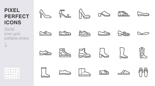 신발 라인 아이콘 세트입니다. 하이힐 샌들, 카우보이 부츠, 하이킹 신발, 운동화, 슬리퍼 최소한의 벡터 일러스트레이션. 패션 응용 프로그램에 대한 간단한 개요 기호. 30x30 픽셀 완벽한 편집 � - pair stock illustrations
