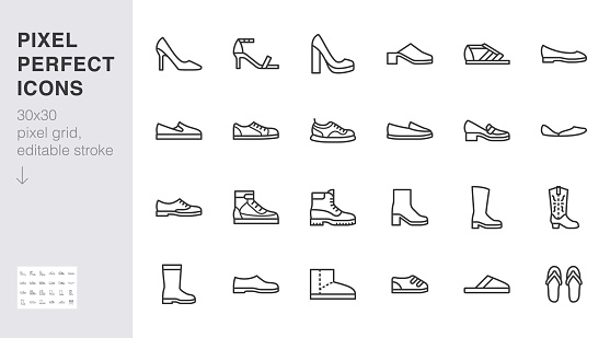 Shoe line icon set. High heels sandal, cowboy boots, hiking footwear, sneakers, slipper minimal vector illustrations. Simple outline signs for fashion application. 30x30 Pixel Perfect. Editable Stroke