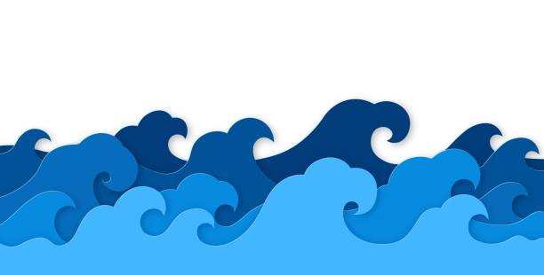 Paper sea waves. Blue water wave paper cut decor, marine landscape with curly waves ocean. Origami style wallpaper texture, vector background Paper sea waves. Blue water wave paper cut decor, marine landscape with curly waves ocean. Origami style wallpaper texture, vector papercraft background papercutting illustrations stock illustrations