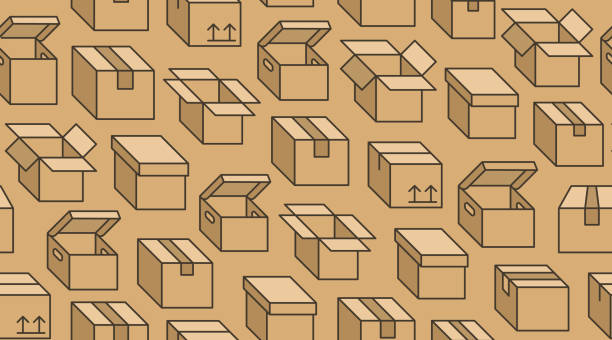 배달 상자 배경, 화물 패키지 원활한 패턴. 다양한 오픈 및 폐쇄 골판지 상자, 소포 평면 선 아이콘. 창고·수납 벡터 일러스트 브라운 칼라 - carton backgrounds box brown stock illustrations