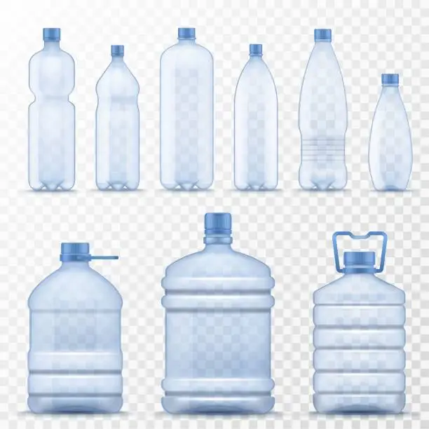 Vector illustration of Realistic water bottle. Empty plastic containers for mineral, carbonated and soft beverages, gallon cooler jugs with lids 3d vector set