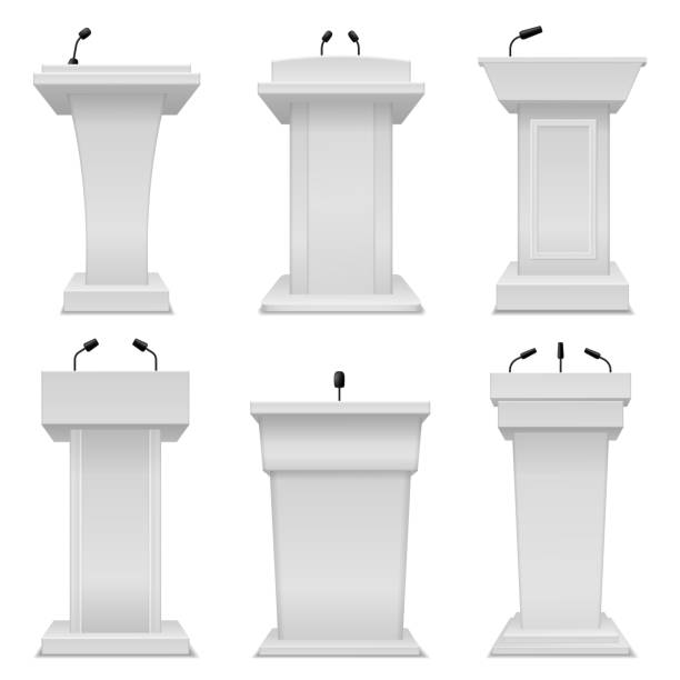 istock Debate podium. Empty tribune for speaker, election white stand with microphone, public politic pedestal 3d realistic isolated vector set 1211520805